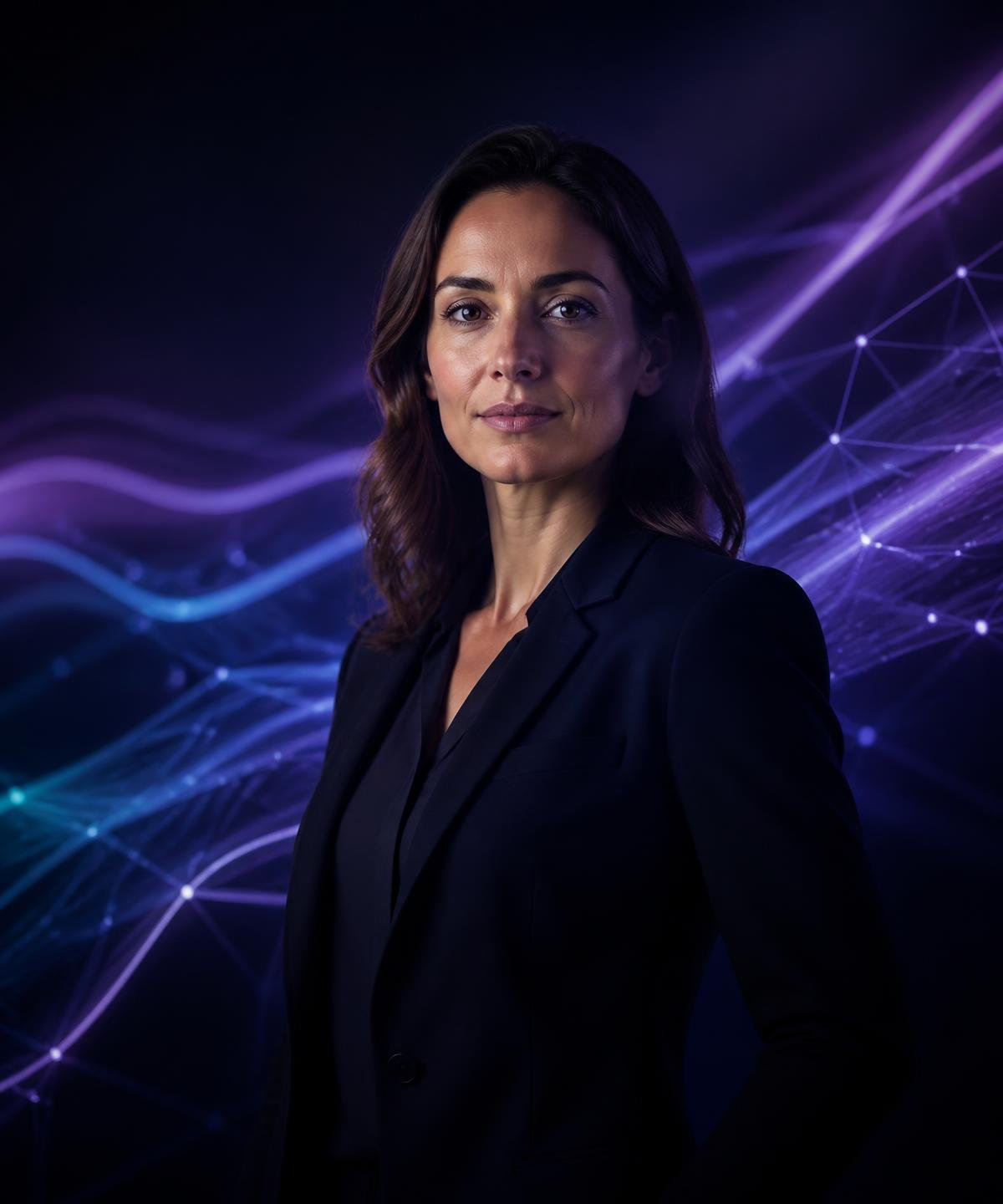A confident woman cybersecurity leader standing in front of abstract spectrum light