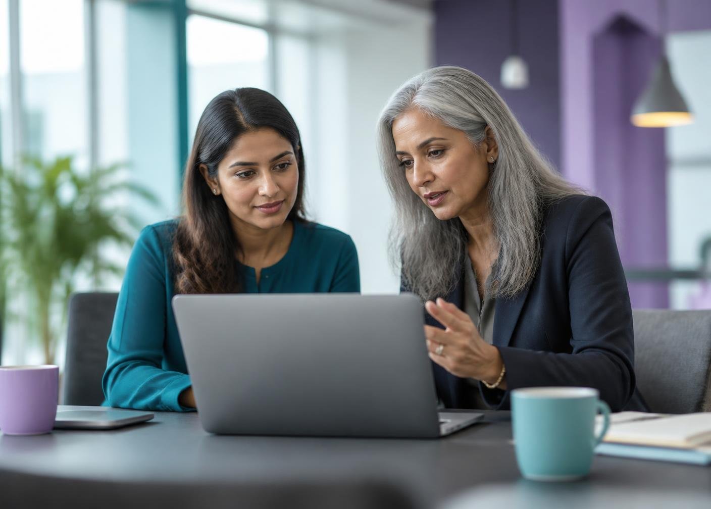 An experienced mentor guiding a woman through security work on a laptop